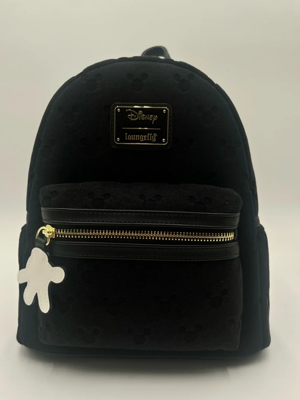 Loungefly Black Mickey Terrycloth Backpack with White Glove Charm
